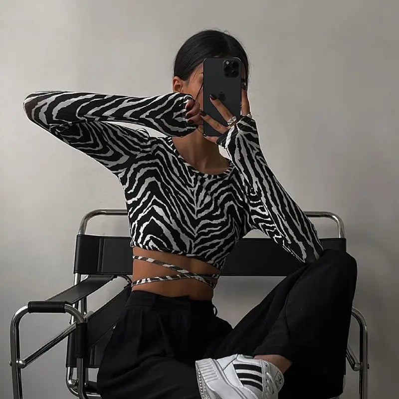 Leopard Zebra Printed Sexy Backless Lace ups Pullover Tees Women O-neck Slim Longsleeve Short T-Shirt - Blade & Thread