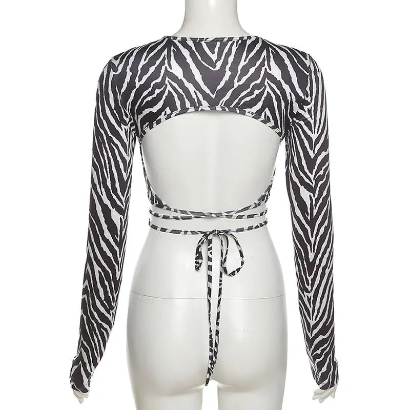 Leopard Zebra Printed Sexy Backless Lace ups Pullover Tees Women O-neck Slim Longsleeve Short T-Shirt - Blade & Thread