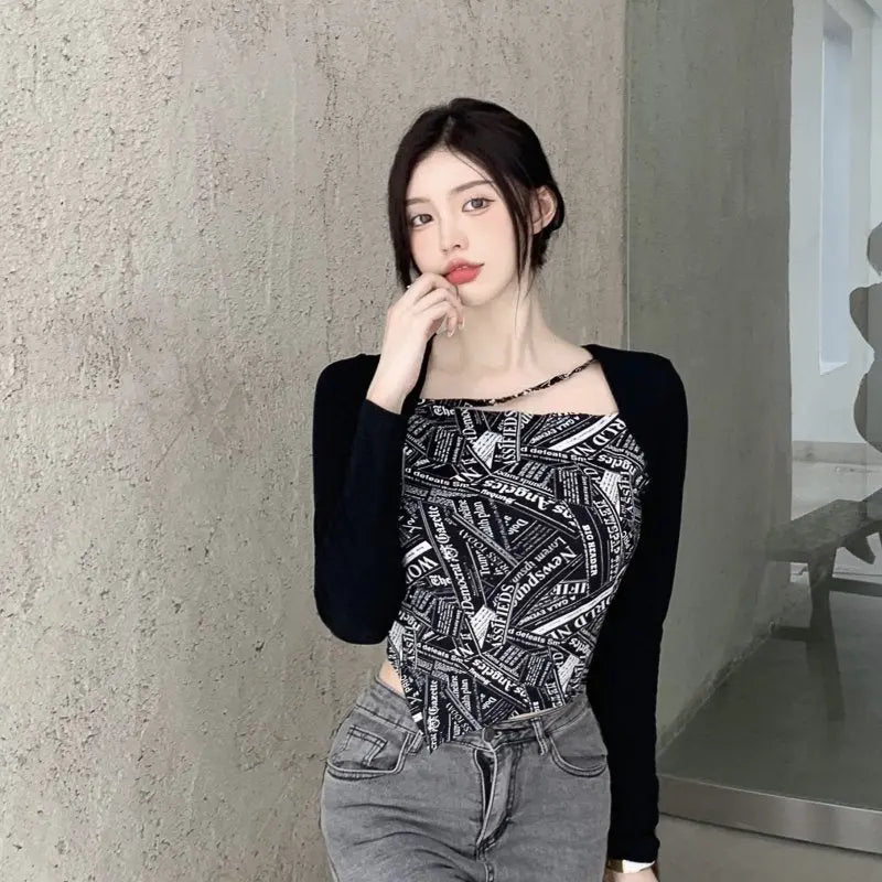 Letter Printed T-shirt Women Fake Two-piece Sexy Slim Long Sleeved Tops Female Cropped Tops nowadaysfashion