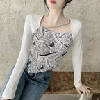Letter Printed T-shirt Women Fake Two-piece Sexy Slim Long Sleeved Tops Female Cropped Tops nowadaysfashion