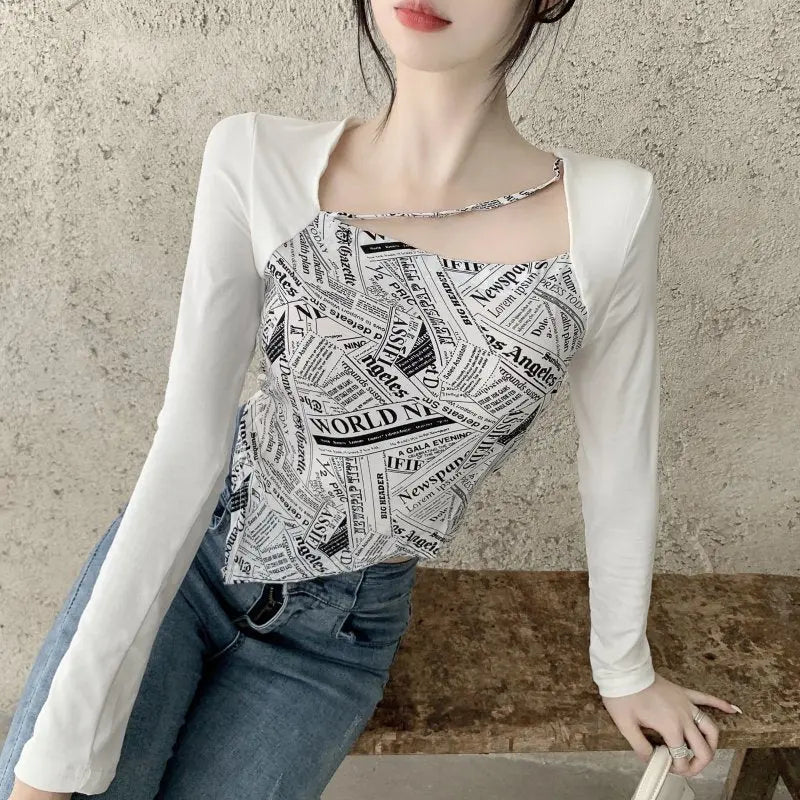 Letter Printed T-shirt Women Fake Two-piece Sexy Slim Long Sleeved Tops Female Cropped Tops - Blade & Thread