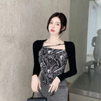 Letter Printed T-shirt Women Fake Two-piece Sexy Slim Long Sleeved Tops Female Cropped Tops nowadaysfashion