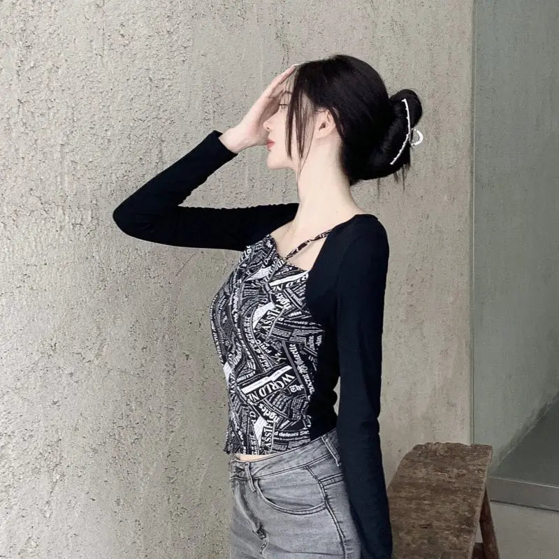 Letter Printed T-shirt Women Fake Two-piece Sexy Slim Long Sleeved Tops Female Cropped Tops - Blade & Thread