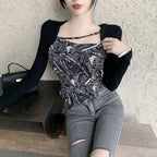Letter Printed T-shirt Women Fake Two-piece Sexy Slim Long Sleeved Tops Female Cropped Tops nowadaysfashion