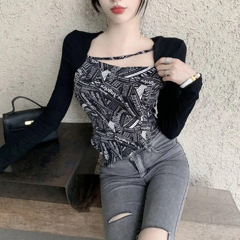 Letter Printed T-shirt Women Fake Two-piece Sexy Slim Long Sleeved Tops Female Cropped Tops - Blade & Thread