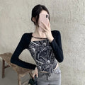 Letter Printed T-shirt Women Fake Two-piece Sexy Slim Long Sleeved Tops Female Cropped Tops nowadaysfashion