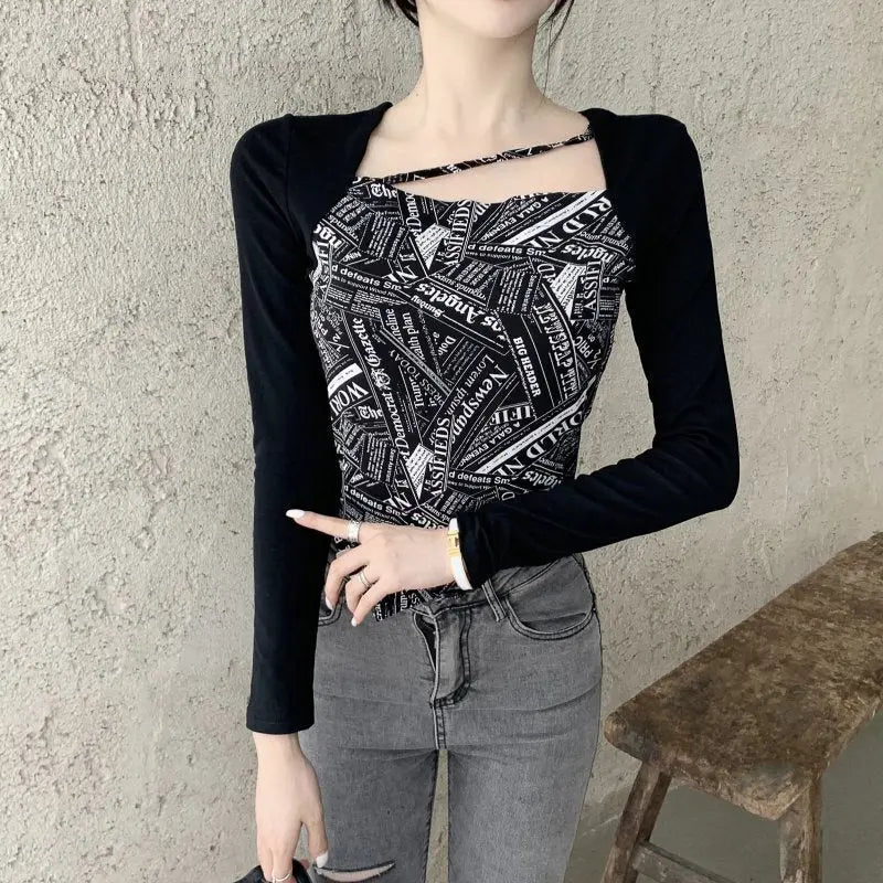 Letter Printed T-shirt Women Fake Two-piece Sexy Slim Long Sleeved Tops Female Cropped Tops nowadaysfashion