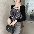 Letter Printed T-shirt Women Fake Two-piece Sexy Slim Long Sleeved Tops Female Cropped Tops nowadaysfashion
