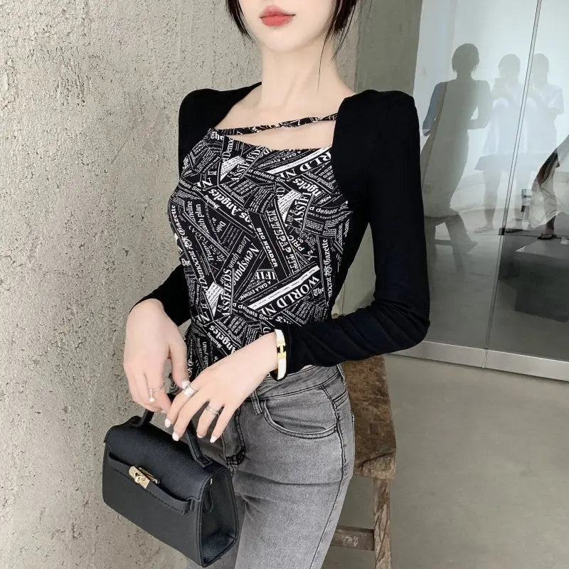 Letter Printed T-shirt Women Fake Two-piece Sexy Slim Long Sleeved Tops Female Cropped Tops - Blade & Thread