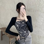 Letter Printed T-shirt Women Fake Two-piece Sexy Slim Long Sleeved Tops Female Cropped Tops nowadaysfashion