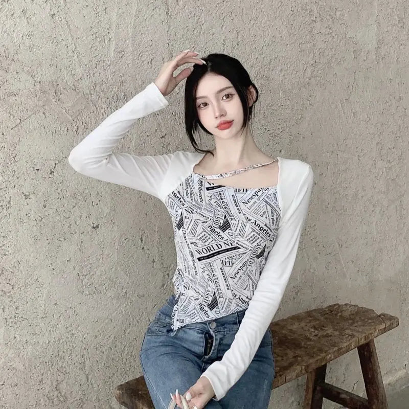 Letter Printed T-shirt Women Fake Two-piece Sexy Slim Long Sleeved Tops Female Cropped Tops - Blade & Thread