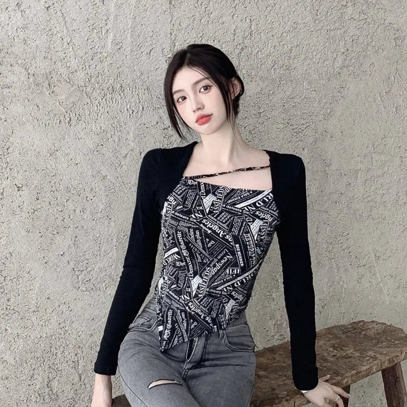 Letter Printed T-shirt Women Fake Two-piece Sexy Slim Long Sleeved Tops Female Cropped Tops nowadaysfashion