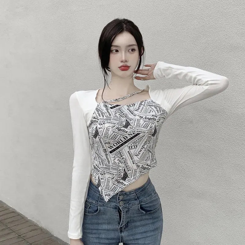 Letter Printed T-shirt Women Fake Two-piece Sexy Slim Long Sleeved Tops Female Cropped Tops - Blade & Thread
