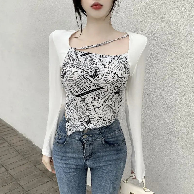 Letter Printed T-shirt Women Fake Two-piece Sexy Slim Long Sleeved Tops Female Cropped Tops - Blade & Thread