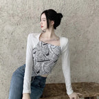 Letter Printed T-shirt Women Fake Two-piece Sexy Slim Long Sleeved Tops Female Cropped Tops nowadaysfashion