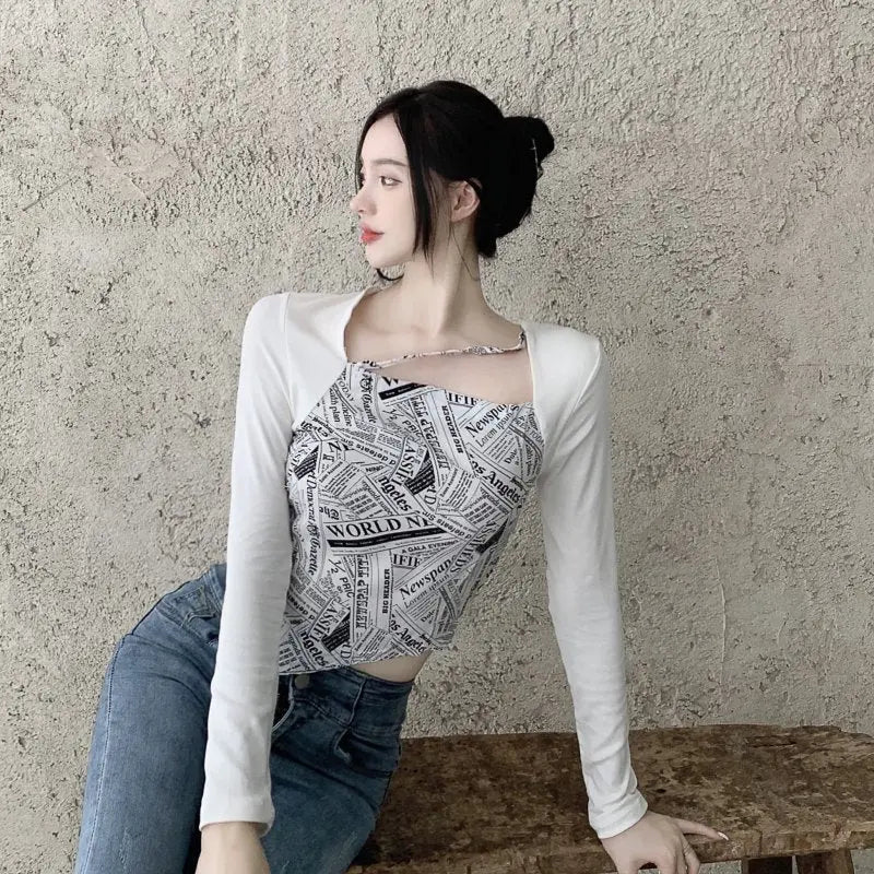 Letter Printed T-shirt Women Fake Two-piece Sexy Slim Long Sleeved Tops Female Cropped Tops - Blade & Thread