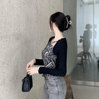Letter Printed T-shirt Women Fake Two-piece Sexy Slim Long Sleeved Tops Female Cropped Tops nowadaysfashion