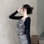 Letter Printed T-shirt Women Fake Two-piece Sexy Slim Long Sleeved Tops Female Cropped Tops nowadaysfashion