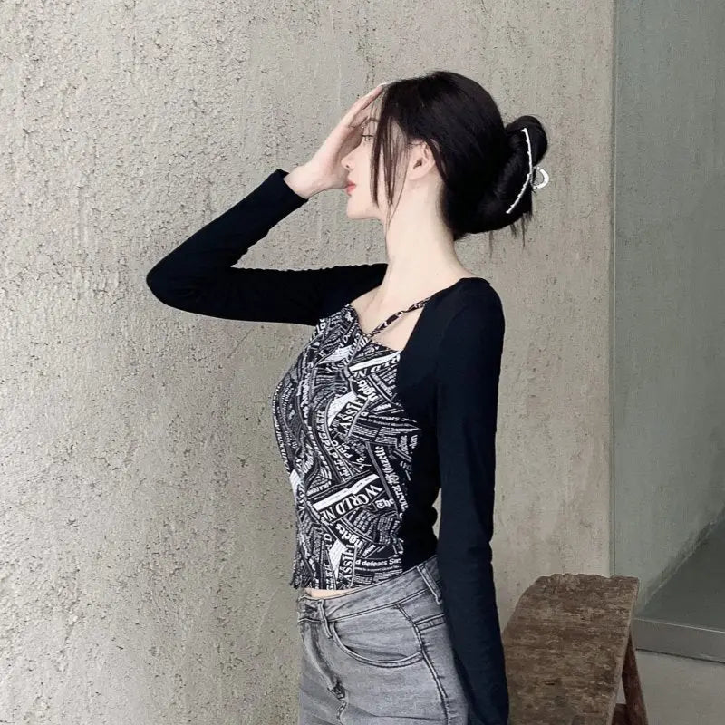 Letter Printed T-shirt Women Fake Two-piece Sexy Slim Long Sleeved Tops Female Cropped Tops - Blade & Thread