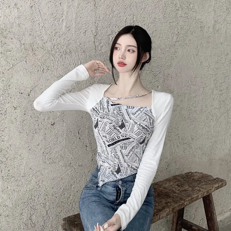 Letter Printed T-shirt Women Fake Two-piece Sexy Slim Long Sleeved Tops Female Cropped Tops nowadaysfashion