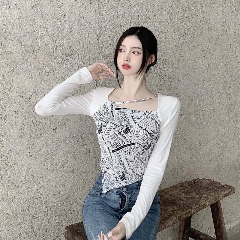 Letter Printed T-shirt Women Fake Two-piece Sexy Slim Long Sleeved Tops Female Cropped Tops - Blade & Thread