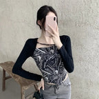 Letter Printed T-shirt Women Fake Two-piece Sexy Slim Long Sleeved Tops Female Cropped Tops nowadaysfashion