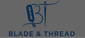 Logo of Blade & Thread with a stylized illustration of a razor and thread on a transparent background