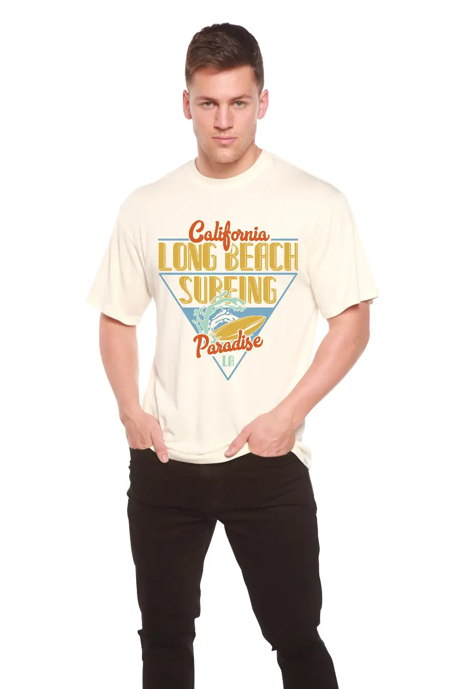 Long Beach Surfing Printed Men's Bamboo Viscose/Organic Cotton Short Sleeve Graphic T-Shirt Spun Bamboo