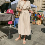 Long Shirt Dress Women Cotton Round Collar Slim Waist Drawstring Solid Color Sundress nowadaysfashion