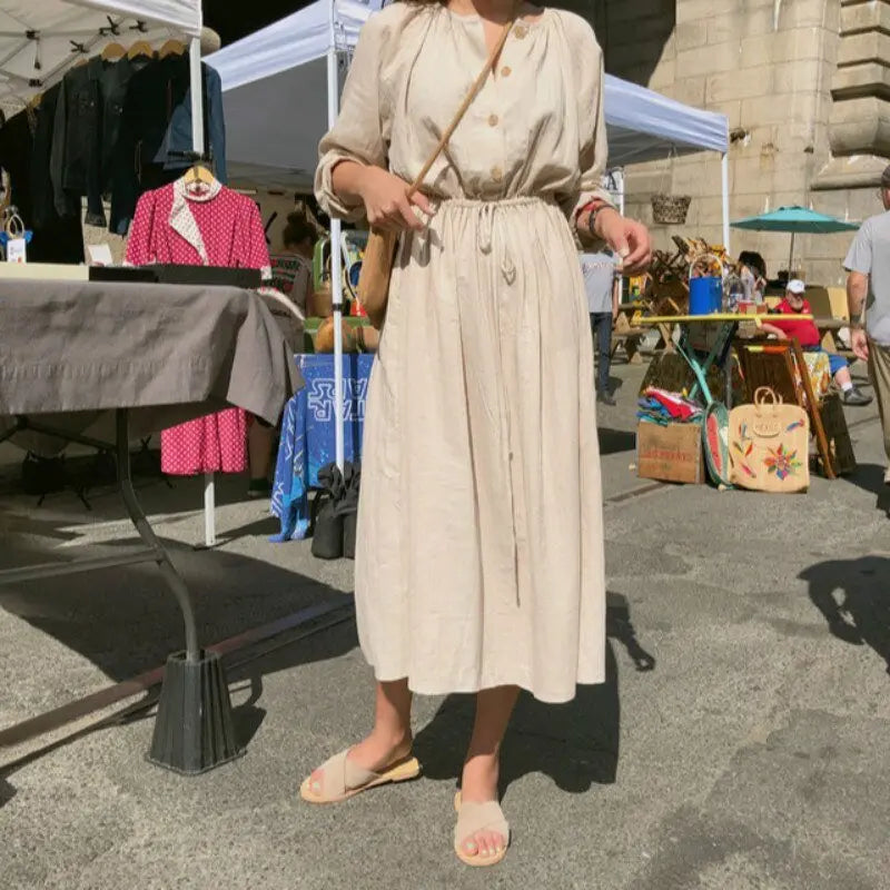 Long Shirt Dress Women Cotton Round Collar Slim Waist Drawstring Solid Color Sundress - Blade & Thread