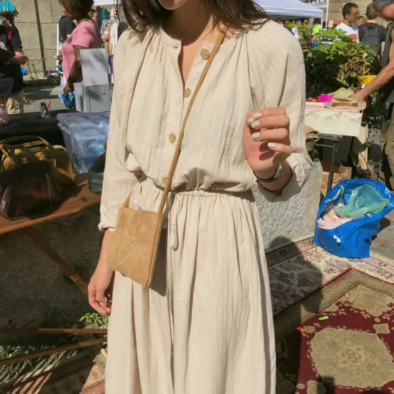 Long Shirt Dress Women Cotton Round Collar Slim Waist Drawstring Solid Color Sundress - Blade & Thread
