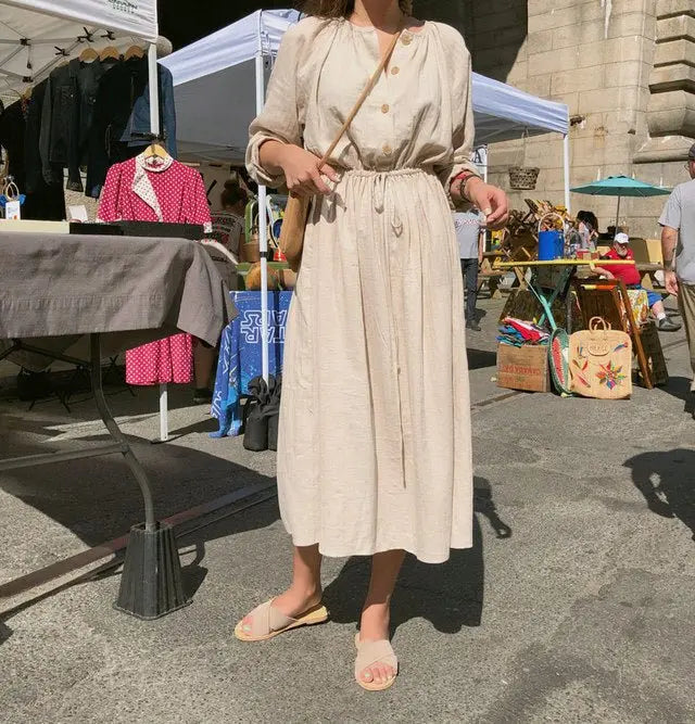 Long Shirt Dress Women Cotton Round Collar Slim Waist Drawstring Solid Color Sundress - Blade & Thread