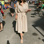 Long Shirt Dress Women Cotton Round Collar Slim Waist Drawstring Solid Color Sundress nowadaysfashion