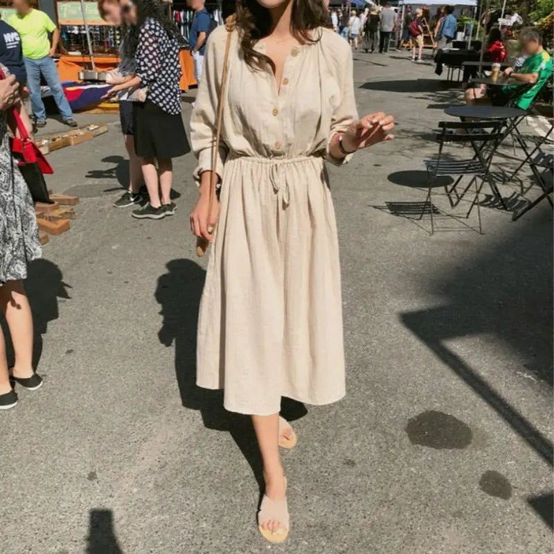 Long Shirt Dress Women Cotton Round Collar Slim Waist Drawstring Solid Color Sundress - Blade & Thread
