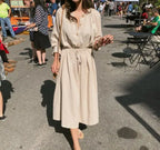 Long Shirt Dress Women Cotton Round Collar Slim Waist Drawstring Solid Color Sundress nowadaysfashion