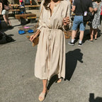 Long Shirt Dress Women Cotton Round Collar Slim Waist Drawstring Solid Color Sundress nowadaysfashion
