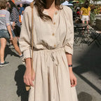 Long Shirt Dress Women Cotton Round Collar Slim Waist Drawstring Solid Color Sundress nowadaysfashion