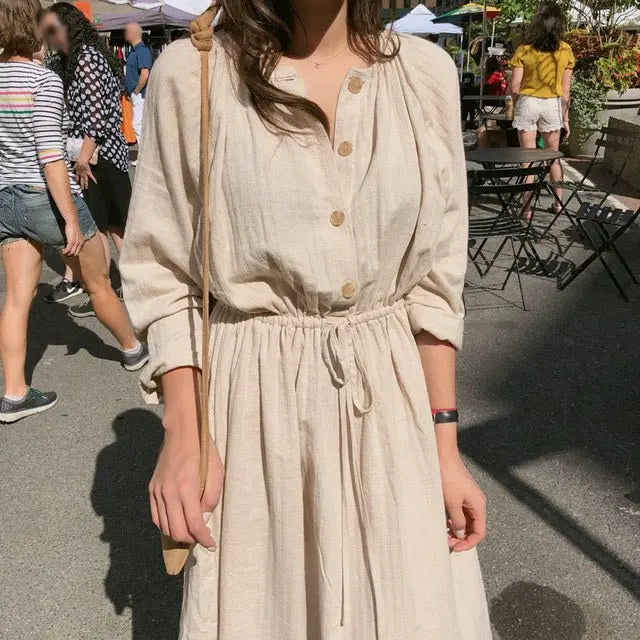 Long Shirt Dress Women Cotton Round Collar Slim Waist Drawstring Solid Color Sundress - Blade & Thread
