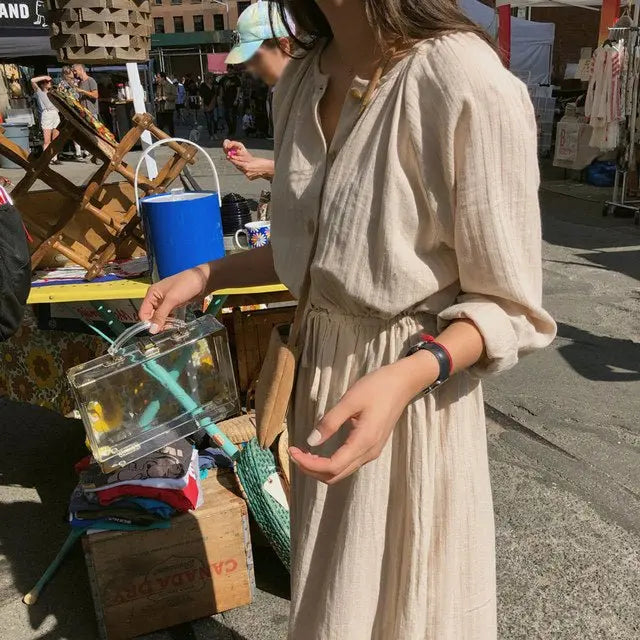Long Shirt Dress Women Cotton Round Collar Slim Waist Drawstring Solid Color Sundress - Blade & Thread