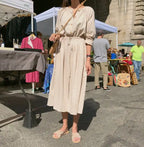 Long Shirt Dress Women Cotton Round Collar Slim Waist Drawstring Solid Color Sundress nowadaysfashion