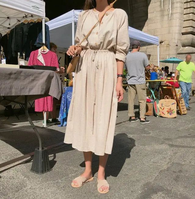 Long Shirt Dress Women Cotton Round Collar Slim Waist Drawstring Solid Color Sundress - Blade & Thread