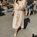 Long Shirt Dress Women Cotton Round Collar Slim Waist Drawstring Solid Color Sundress nowadaysfashion