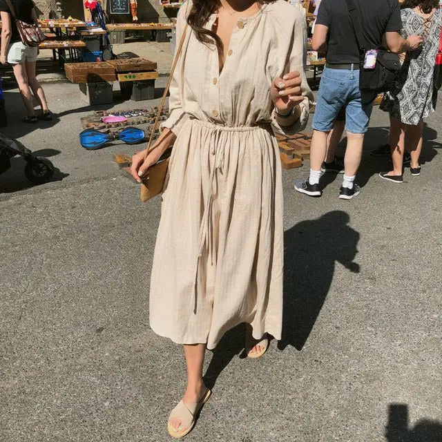 Long Shirt Dress Women Cotton Round Collar Slim Waist Drawstring Solid Color Sundress - Blade & Thread
