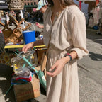Long Shirt Dress Women Cotton Round Collar Slim Waist Drawstring Solid Color Sundress nowadaysfashion