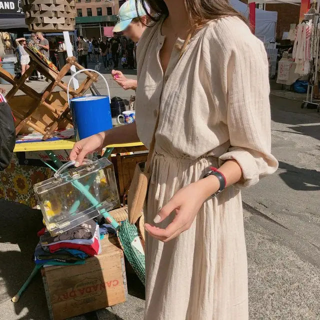 Long Shirt Dress Women Cotton Round Collar Slim Waist Drawstring Solid Color Sundress nowadaysfashion