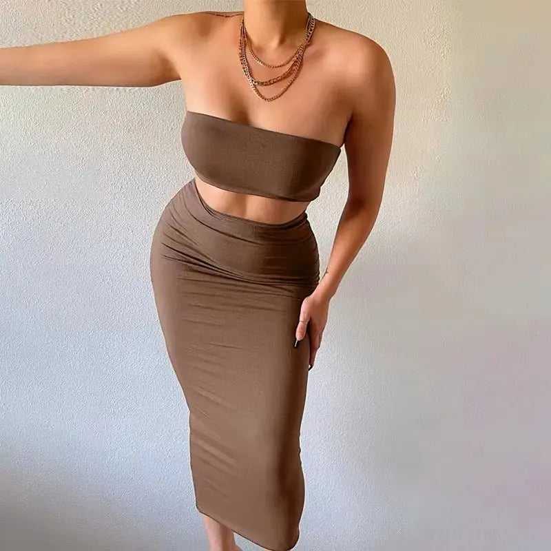 Long Skirt Sets Strapless Tube Top Bodycon Two Piece Outfit Summer Clothing - Blade & Thread