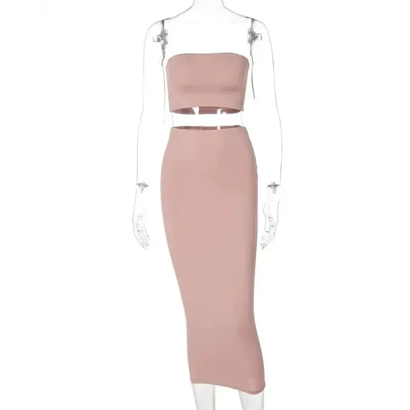 Long Skirt Sets Strapless Tube Top Bodycon Two Piece Outfit Summer Clothing - Blade & Thread