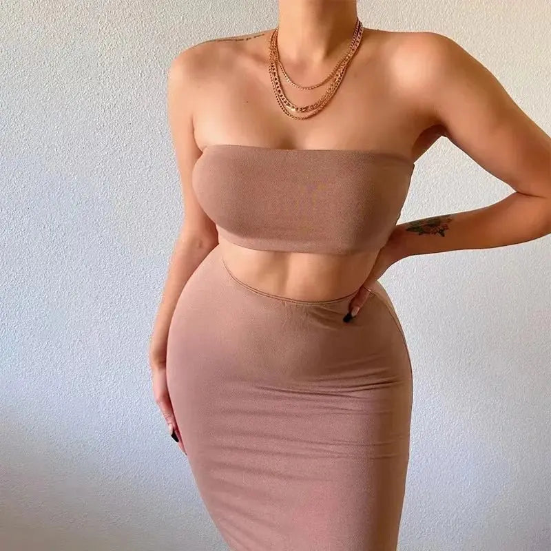 Long Skirt Sets Strapless Tube Top Bodycon Two Piece Outfit Summer Clothing - Blade & Thread