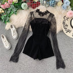 Long Sleeve Lace Embroidery Shirt Women Double Breasted Playsuits Slim Velvet Jumpsuits nowadaysfashion