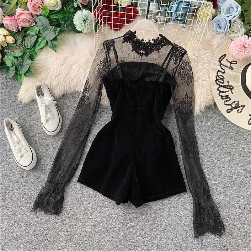 Long Sleeve Lace Embroidery Shirt Women Double Breasted Playsuits Slim Velvet Jumpsuits nowadaysfashion